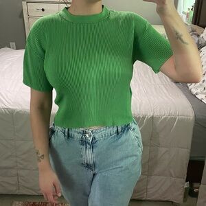 Mango Green Ribbed Short Sleeve Top